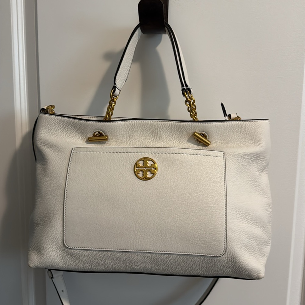 Tory Burch Chelsea Pebbled Leather Satchel.  White with Gold Hardware.
